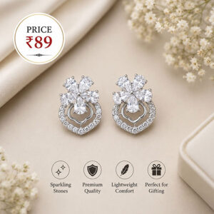 Elegant Silver-Tone Floral Crystal Stud Earrings