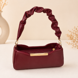 Elegant Maroon Ruched Handle Shoulder Handbag