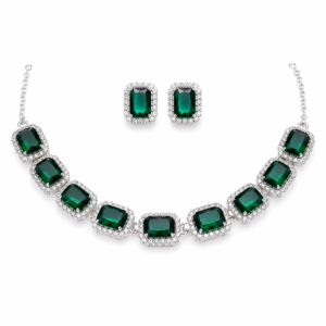 Emerald Green Stone Necklace & Earrings Jewellery Set