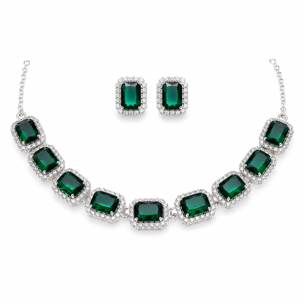 Emerald Green Stone Necklace & Earrings Jewellery Set