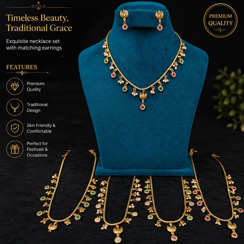 Elegant Traditional Necklace Set – Green & Ruby Stone Design