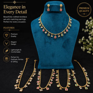 Elegant Gold-Tone Necklace Set – Green & Pink Stones