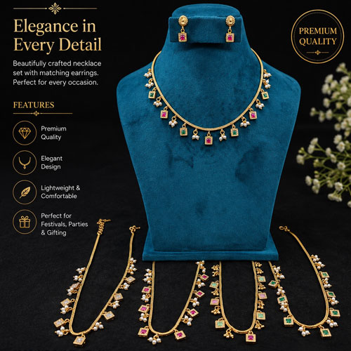 Elegant Gold-Tone Necklace Set – Green & Pink Stones