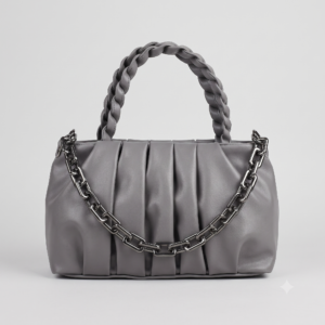 Grey Ruched Crossbody Bag with Braided Handle & Metallic Chain
