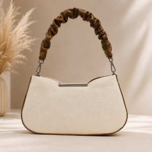 Elegant Cream Handbag with Ruched Brown Handle