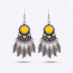 Oxidized Silver Boho Leaf Tassel Earrings – Yellow Accent