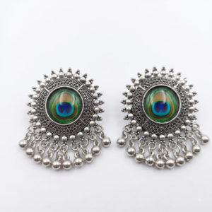 Peacock Feather Motif Oxidized Silver Stud Earrings with Ghungroo Drops