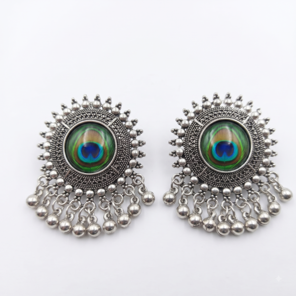 Peacock Feather Motif Oxidized Silver Stud Earrings with Ghungroo Drops