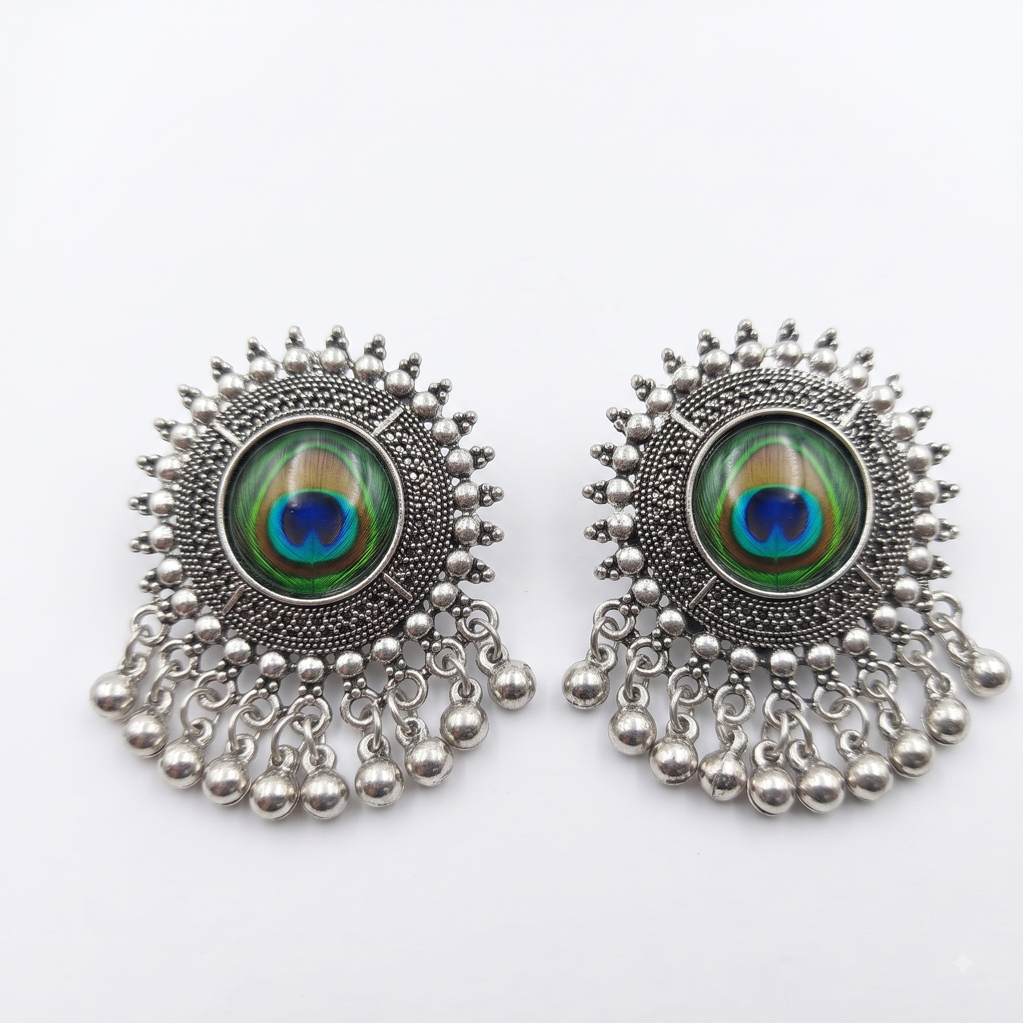 Peacock Feather Motif Oxidized Silver Stud Earrings with Ghungroo Drops
