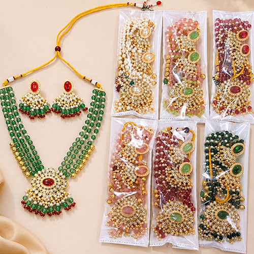 Traditional Beaded Necklace Jewellery Set – Green & Red