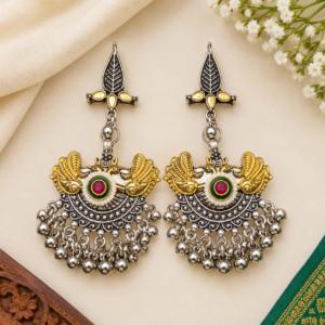 Peacock Design Oxidized Silver & Gold Chandbali Earrings